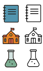 Colorful and outline icons for school and science.