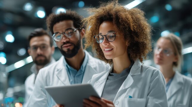 A diverse group of professionals in lab coats look at a tablet, engaged in a scientific discussion in a modern research environment.