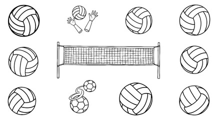 Volleyball sketch doodle icon set. Hand drawn volleyball net, balls, hands element line. Sports training sketch set. Vector illustration