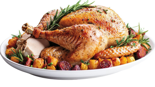 A golden roasted turkey with vegetables, perfect for a holiday feast or special occasion.