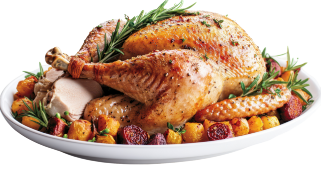 A golden roasted turkey with vegetables, perfect for a holiday feast or special occasion.
