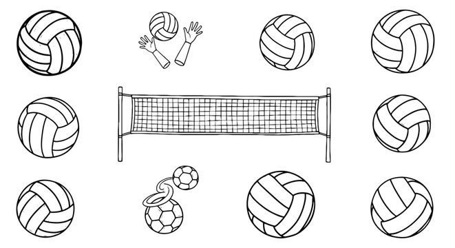 Volleyball sketch doodle icon set. Hand drawn volleyball net, balls, hands element line. Sports training sketch set. Vector illustration
