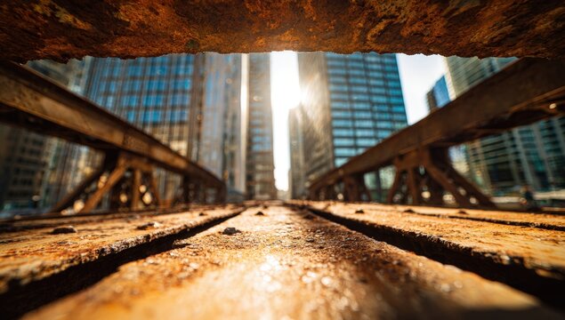 Rusty bridge underpass with city skyline