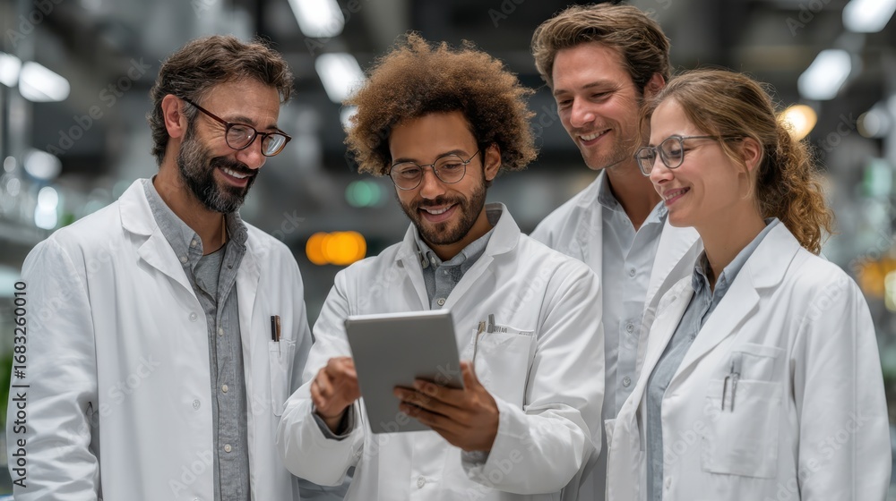 Poster four scientists in lab coats collaboratively review data on a tablet, showcasing teamwork and innova
