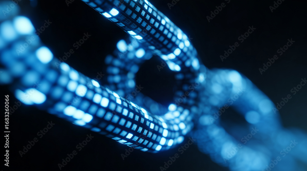 Poster Abstract representation of glowing digital chains linked together in a dark environment, illustrating connectivity and technology in a futuristic style