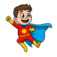 Obraz premium Cartoon Boy Superhero Flying in Red and Blue Costume on Black