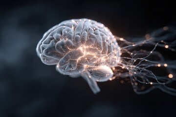 3D rendered brain with glowing neural pathways
