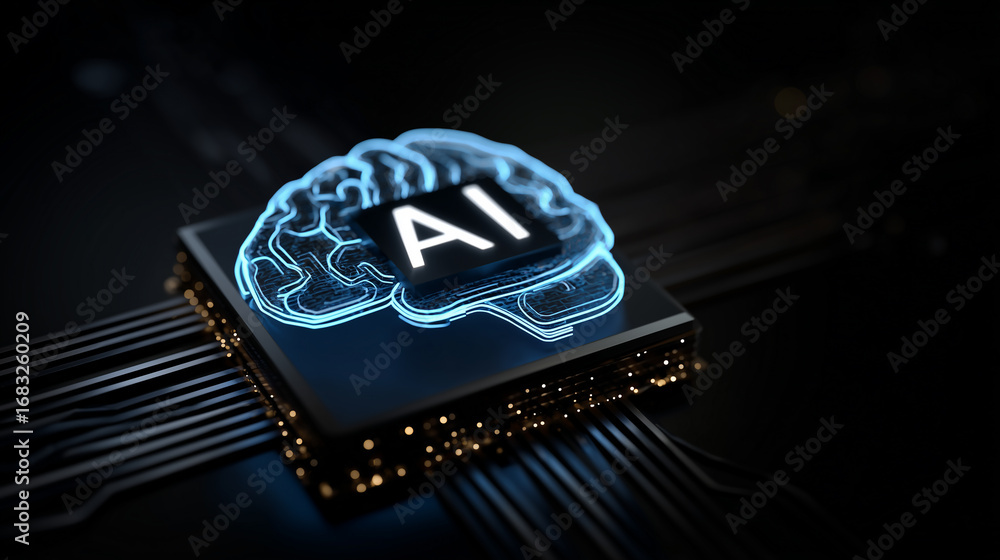 Poster futuristic illustration of artificial intelligence symbol on microchip with illuminated brain design