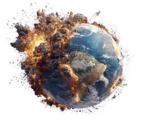 Exploding planet Earth with fire and smoke clouds, isolated on transparent cutout background