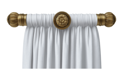 White curtain with ornate gold medallion tieback isolated on a transparent background