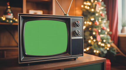 Vintage television with green screen sits in cozy room with festive Christmas tree and warm lights glowing