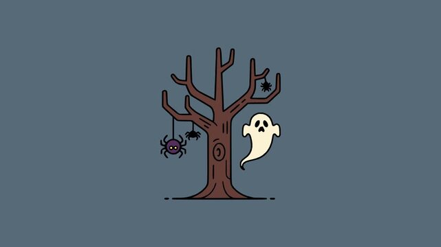 Creepy Halloween illustration of dry tree with ghost and spiders symbolizing haunted forest scene
