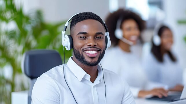 A friendly customer service representative smiles while wearing a headset.