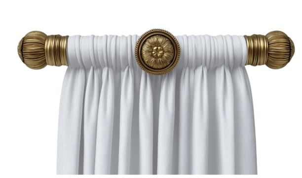 White curtain with ornate gold medallion tieback isolated on a transparent background