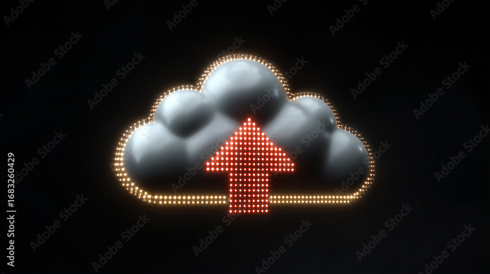 Poster digital cloud storage concept with illuminated upload symbol against dark backdrop representing data