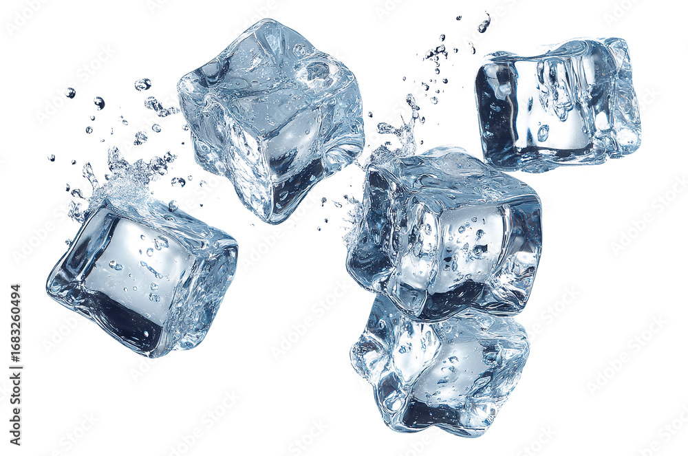 Poster set of transparent ice cubes with splashing water drops, isolated on transparent cutout background