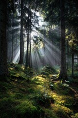 Obraz premium Sunlight streams through a misty forest (3)
