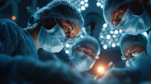 A group of medical professionals in surgical attire focused during an operation, illuminated by overhead surgical lights.
