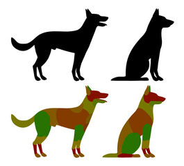 Black and multicolored silhouettes of a standing and sitting shepherd dog isolated on white. Vector illustration in flat style