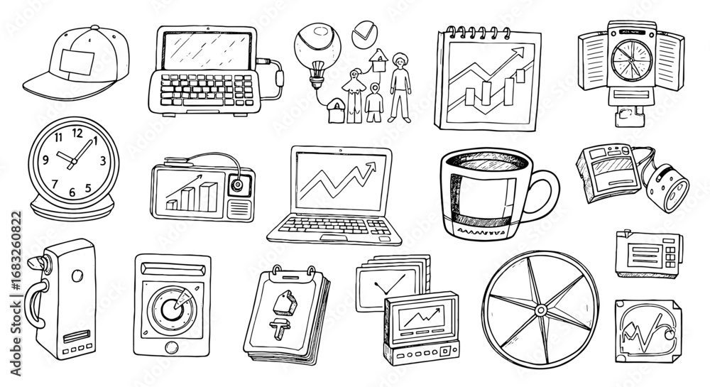 Poster line art sketch tech gadget and business icon set. hand drawn computer clock symbol. sketch pen stro