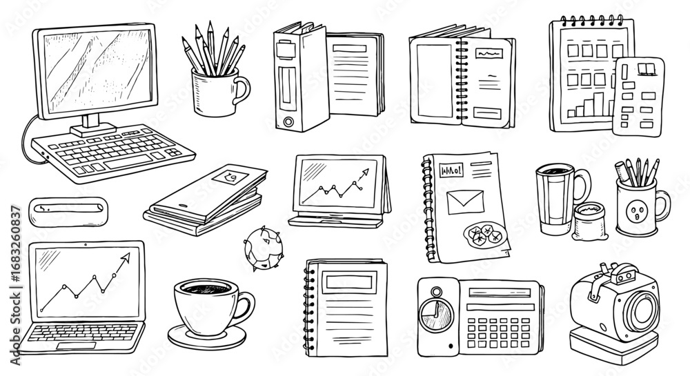 Poster office desk doodle icon computer sketch set. work notebook pen graph line. office equipment icon ill