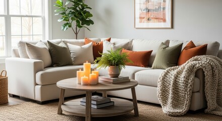 Fototapeta premium Cozy living room scene featuring a sectional sofa adorned with textured pillows and a warm throw blanket