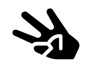 Illustration of a hand gesture showing three fingers extended in a black and white design icon