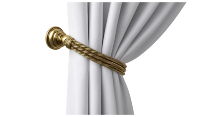 White curtain held by gold tieback isolated on a transparent background