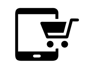 Illustration of a mobile phone with a shopping cart icon overlayed in black and white theme design style