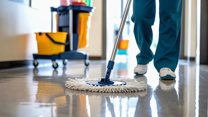 Professional cleaner in uniform mops a shiny polished floor in a hallway with cleaning supplies cart in background
