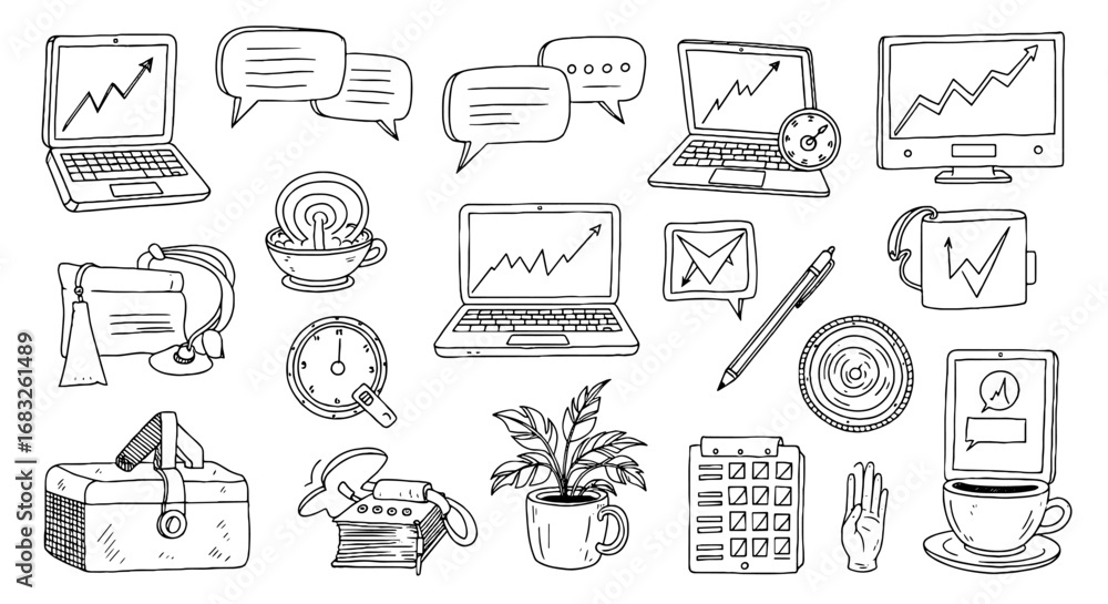 Poster sketch line office doodle icon set. hand drawn sketch doodle laptop computer chart speech data shape