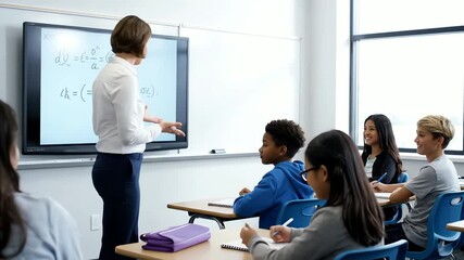 Modern Classroom Setting: Focused Female Teacher Engages Multiethnic Students in Academic Lesson, fostering an inclusive learning environment using - Powered by Adobe