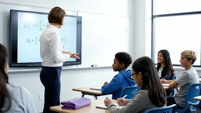 Modern Classroom Setting: Focused Female Teacher Engages Multiethnic Students in Academic Lesson, fostering an inclusive learning environment using