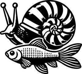 Illustration of a snail with antennae and a striped shell riding on the back of a fish swimming forward