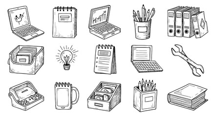 Sketch hand drawn office supplies set. Line drawn computer, pen, book, folder, tool. Sketch doodle element. Vector illustration