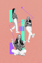 Sketch vertical art collage of happy business partners girl guy freelancer receive chart...