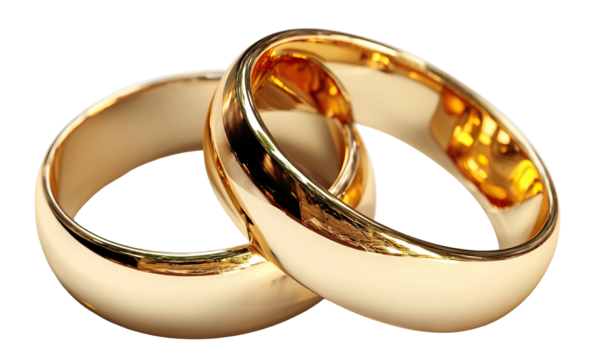 Set of two golden wedding rings, isolated on transparent cutout background