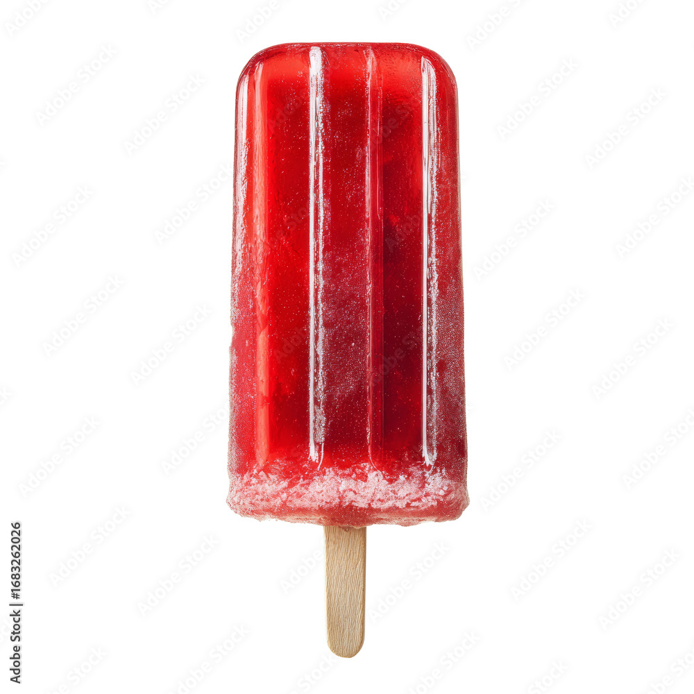 Poster refreshing translucent ruby popsicle with ice crystals against a plain isolated space