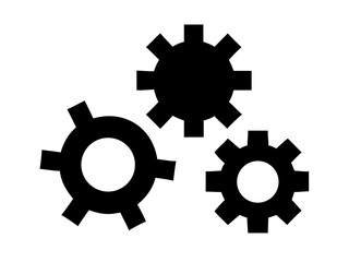 Three black gear icons arranged in a cluster on a white background representing mechanisms and engineering