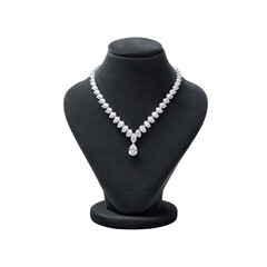 Elegant Diamond Necklace on Display with Pear-Shaped Pendant Set on Black Velvet Bust