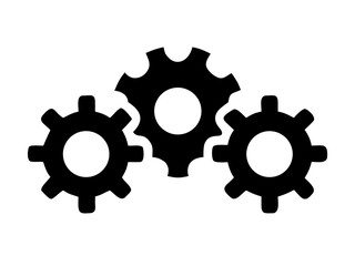 Three black gears arranged in a cluster formation on a white background mechanical concept illustration
