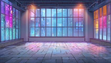 Empty room with large windows overlooking a vibrant city at night