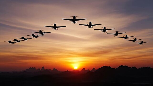 Formation of Multiple Military Fighter Jets Flying in V-Shape Pattern During Sunset Over Mountain Landscape for Aviation, Defense, and Air Force Industry Promotional Content
