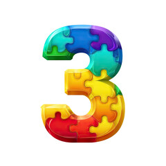 Colorful Puzzle Number Three in Bright Rainbow Colors on a Transparent Background for Educational Themes