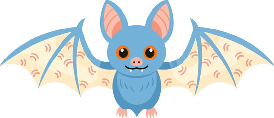 A cute cartoon flying bat with wide open blue and yellow wings and large ears, illustrated as a classic Halloween night creature.