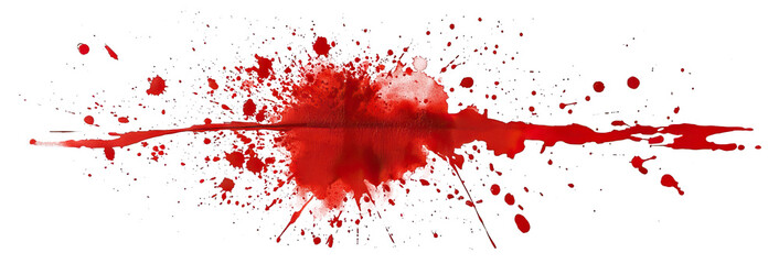 Red blood stain with splatter and drops, isolated on transparent cutout background