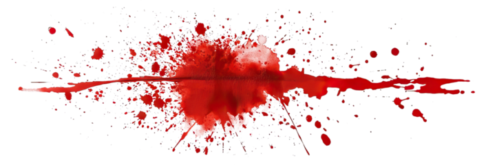 Red blood stain with splatter and drops, isolated on transparent cutout background