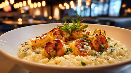 A close-up of a delicious and creamy shrimp risotto, a gourmet Italian seafood dish with prawns and parsley, a perfectly cooked meal in a fine dining restaurant, a concept of luxury food and cuisine.