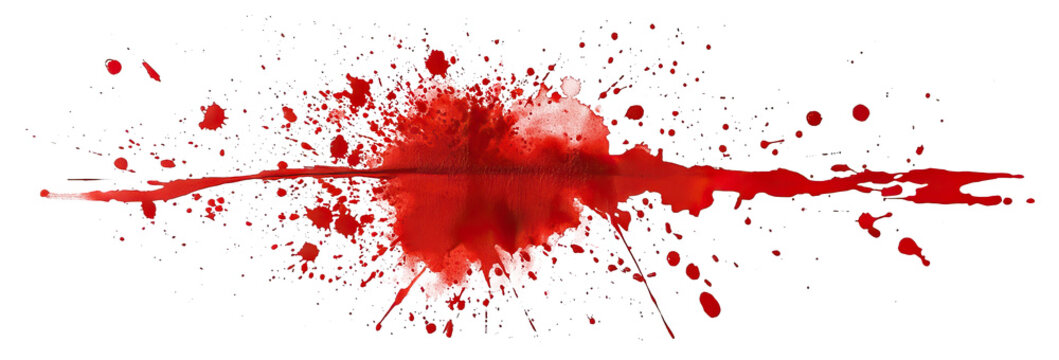 Red blood stain with splatter and drops, isolated on transparent cutout background