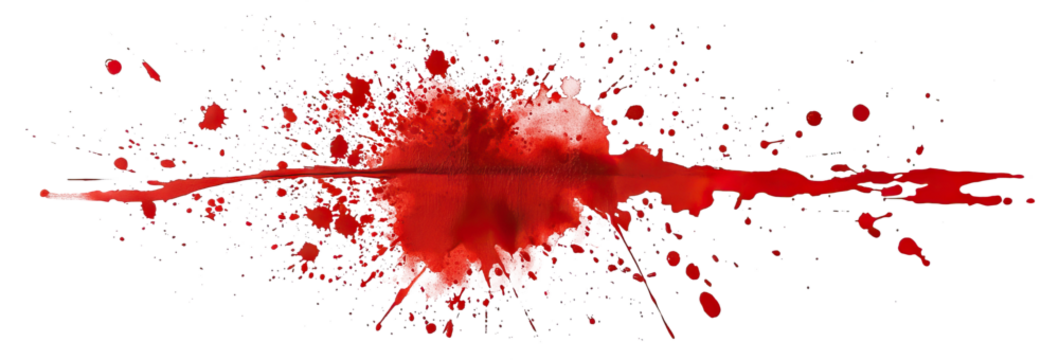 Red blood stain with splatter and drops, isolated on transparent cutout background